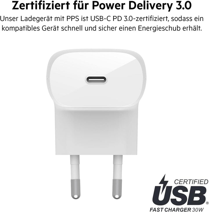 Belkin 30-W-USB-C-Ladegerät mit USB-C/Lightning-Kabel, PPS, PowerDelivery, USB-IF-zertifiziert PD 3.