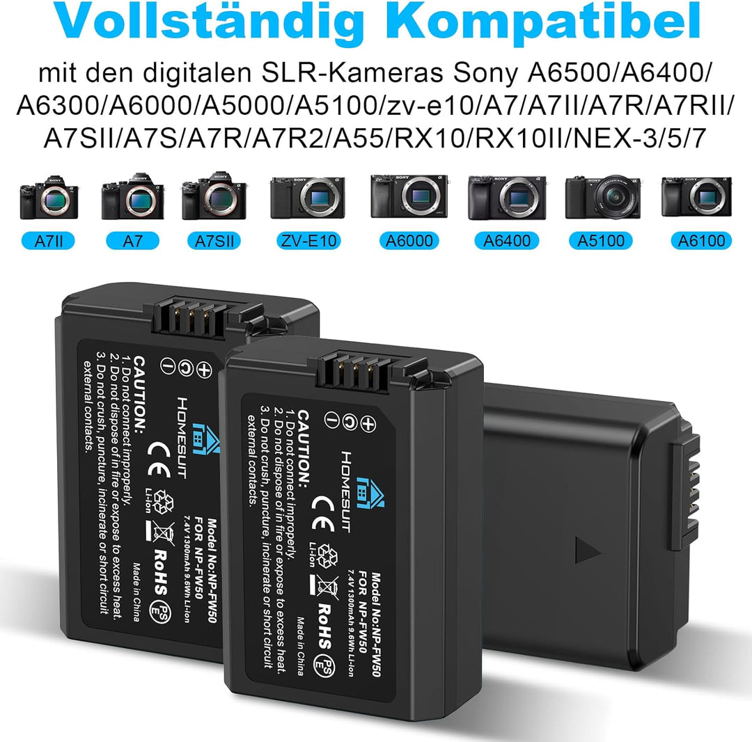 Homesuit NP-FW50 Akku 1300mAh und DREI Schlitze LCD Ladegerät Kit für Sony ZV-E10, Alpha A6000, A650