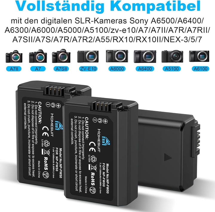 Homesuit NP-FW50 Akku 1300mAh und DREI Schlitze LCD Ladegerät Kit für Sony ZV-E10, Alpha A6000, A650