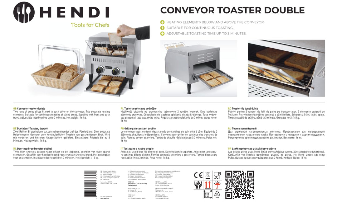 HENDI Durchlauf-Toaster, doppelt, Förderbandtoaster, Kettentoaster, Einstellbar Röstzeit bis zu 3 mi