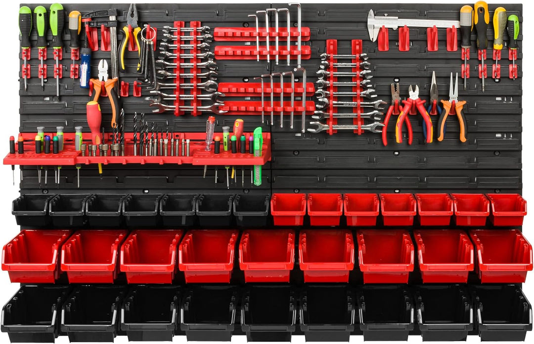 Lagersystem Werkstattregal | 115 x 78 cm | 32 stck. Box | Wandregal mit Werkzeughalterungen und Stap