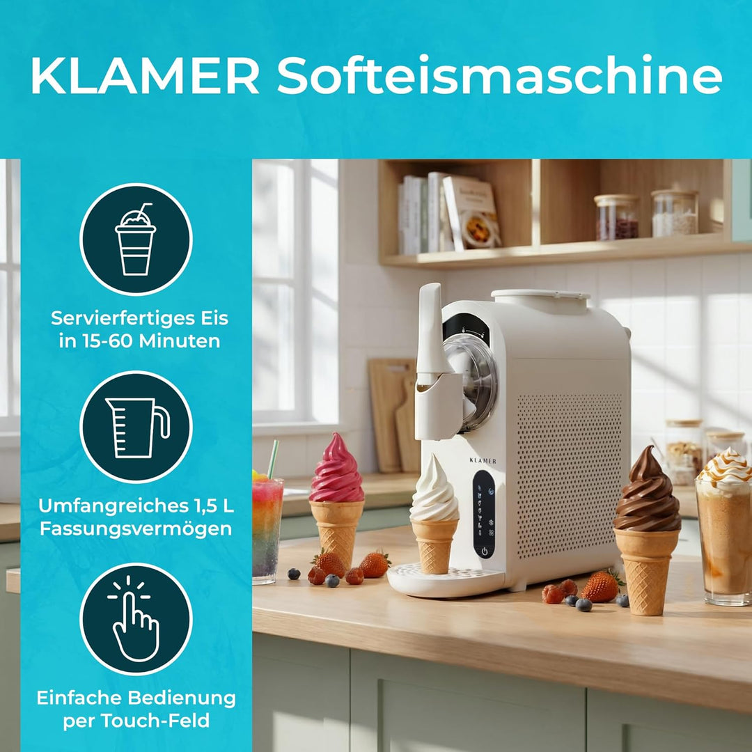 KLAMER Softeismaschine, Eismaschine & Slush Maschine mit 7 Programmen: Softeis, Slushie, Frappé uvm,