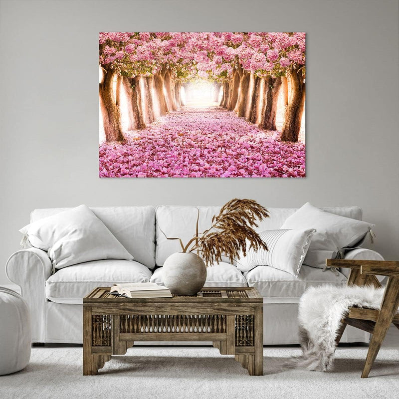 Bilder auf Leinwand 100x70cm Leinwandbild Baum Blumen Kirsche Natur Gross Wanddeko Bild Schlafzimmer