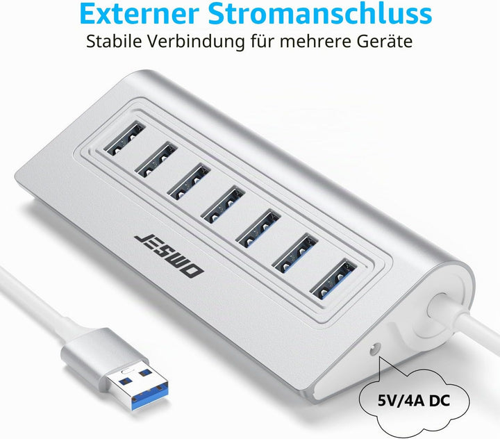 USB Hub 3.0 7-Port, Aluminium USB Verteiler Adapter mit Mehrfach USB 3.0 5Gbit/s, 100cm Langkabel un