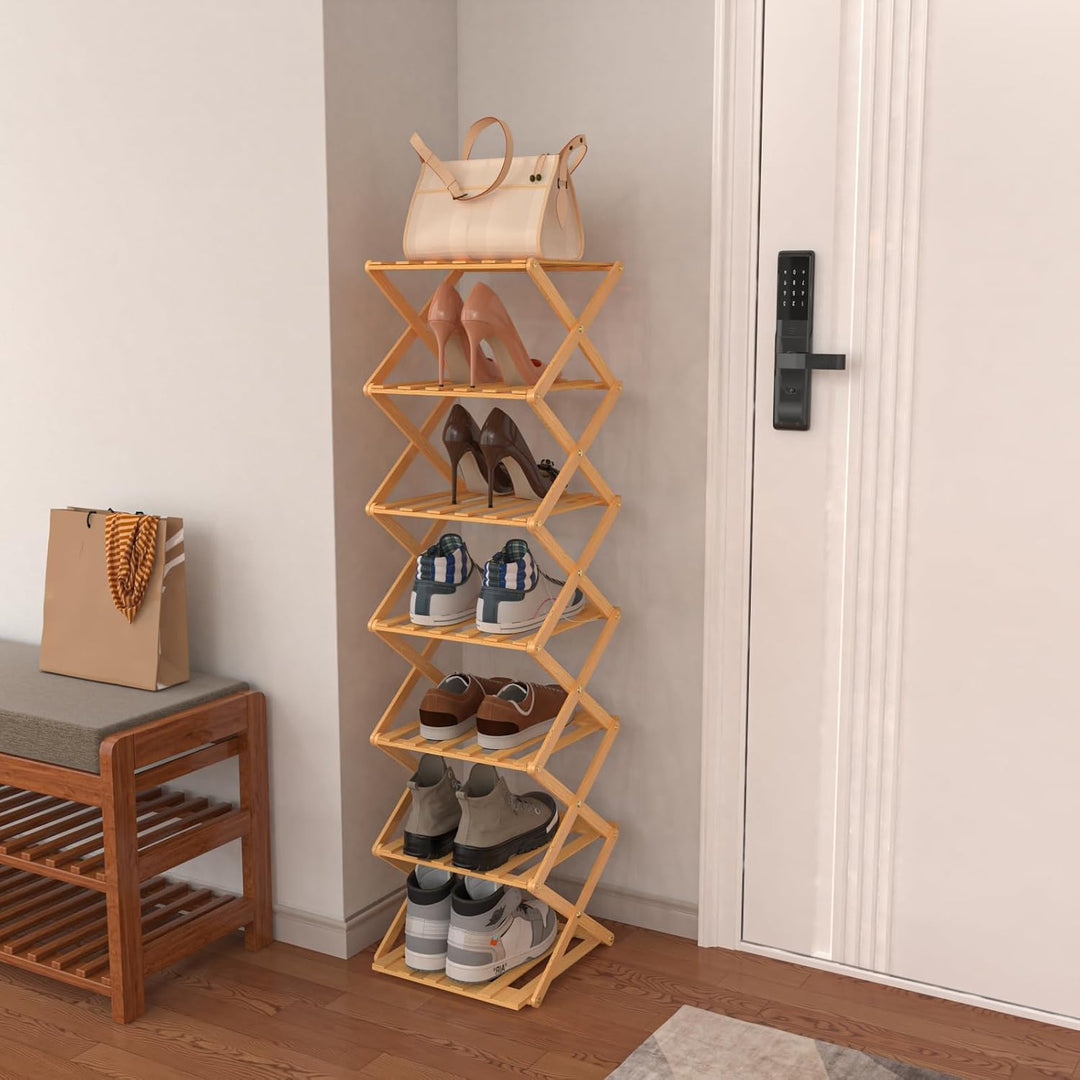 OHMG Regal aus Holz, faltbar, 7 Ebenen, Schuhregal aus Bambus, leicht, mit starker Tragfähigkeit, fü