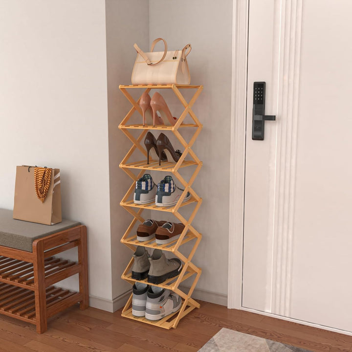 OHMG Regal aus Holz, faltbar, 7 Ebenen, Schuhregal aus Bambus, leicht, mit starker Tragfähigkeit, fü