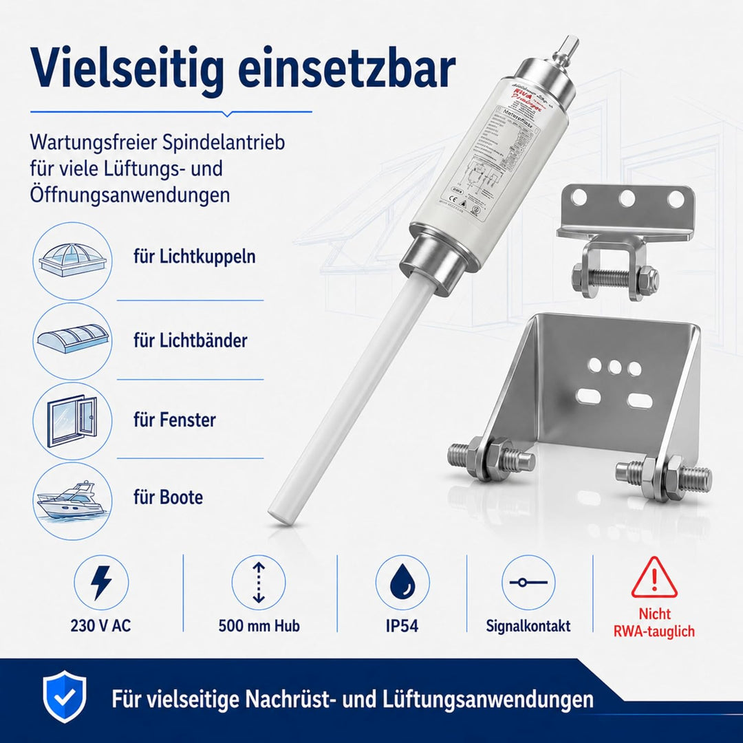 Motoröffner, Spindelantrieb Lichtkuppel 230V / 500mm HUB, JMBB 500-0500-LS mit Halterungen