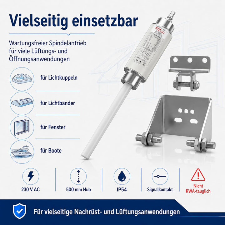 Motoröffner, Spindelantrieb Lichtkuppel 230V / 500mm HUB, JMBB 500-0500-LS mit Halterungen