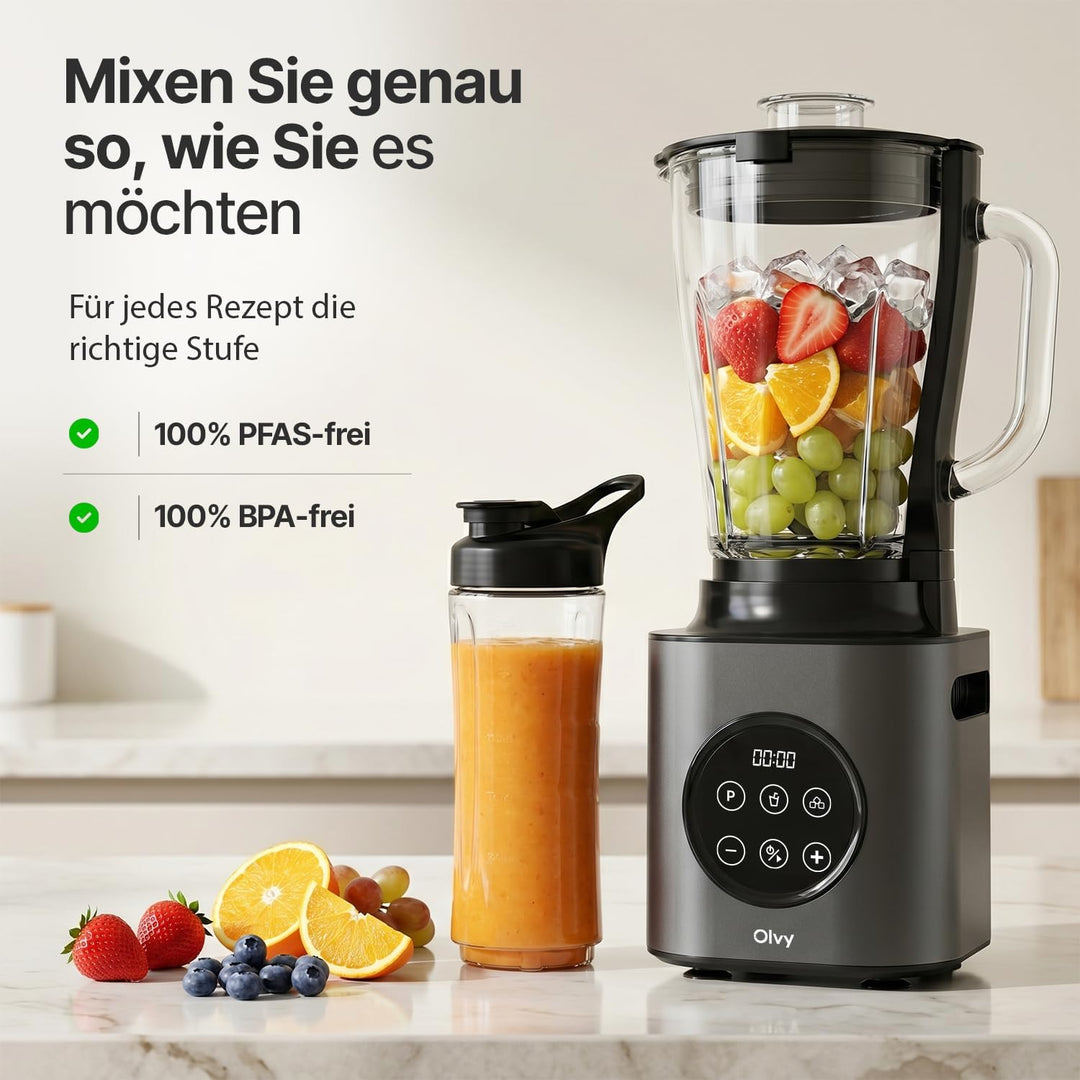 Olvy Standmixer Smoothie Maker 1500ml Glas To-Go 1000W 9 Stufen Display-Silver, Silver