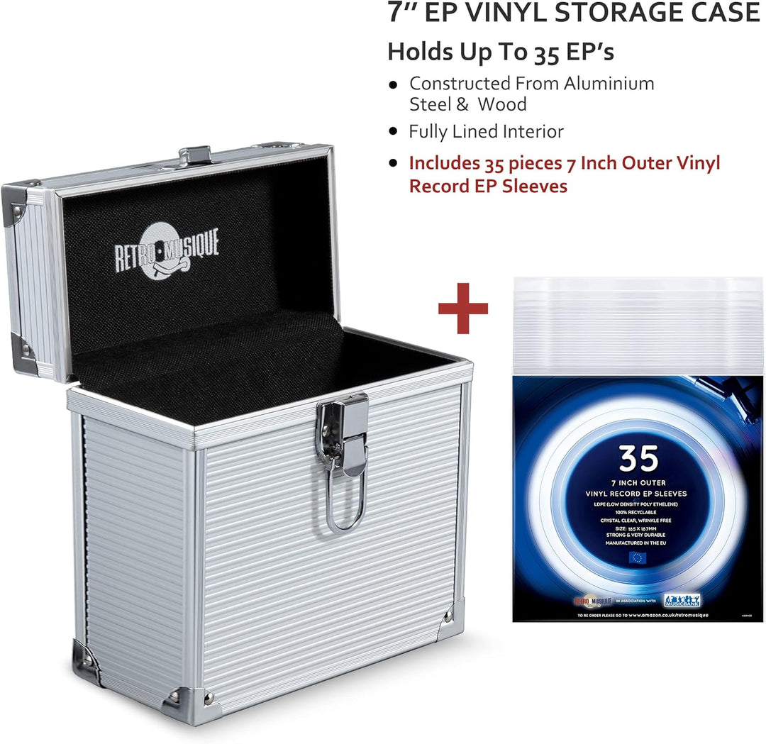 Aluminium 7"-Vinylschallplatten-EP-Aufbewahrungsbox Für bis zu 35 EPs (in PVC-Hüllen) Inklusive 35 V