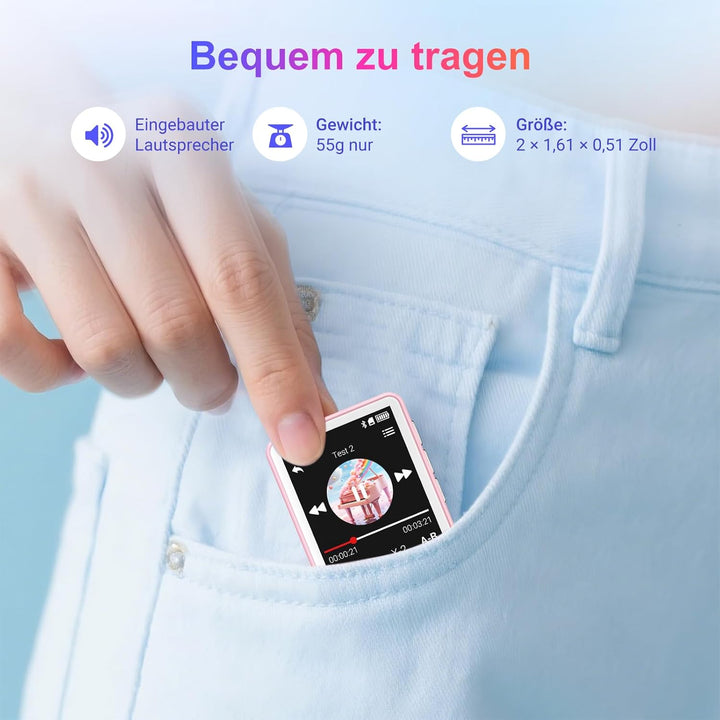 MP3-Player mit Bluetooth, 128GB Musik-Player, eingebauter Lautsprecher und FM-Radio, 1,8 Zoll Mini T