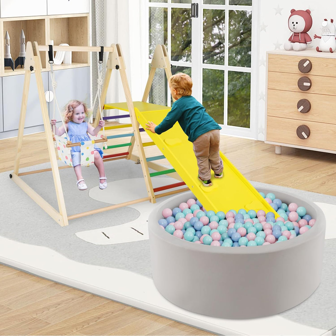 COSTWAY Klettergerüst Indoor, 4 in 1 Schaukel & Ruheplattform & Kletterrampe & Leiter, Kletterset zu