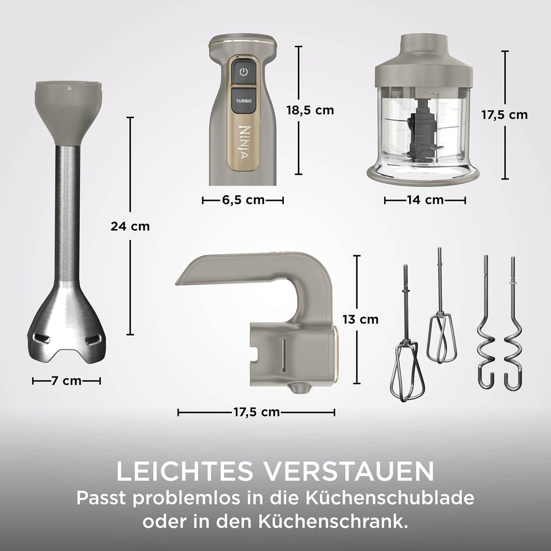 Ninja Foodi 3-in-1 Stabmixer Stufenweise Anlauf, 2 Misch-und 5 Rührgeschwindigkeiten zum Zerkleinern