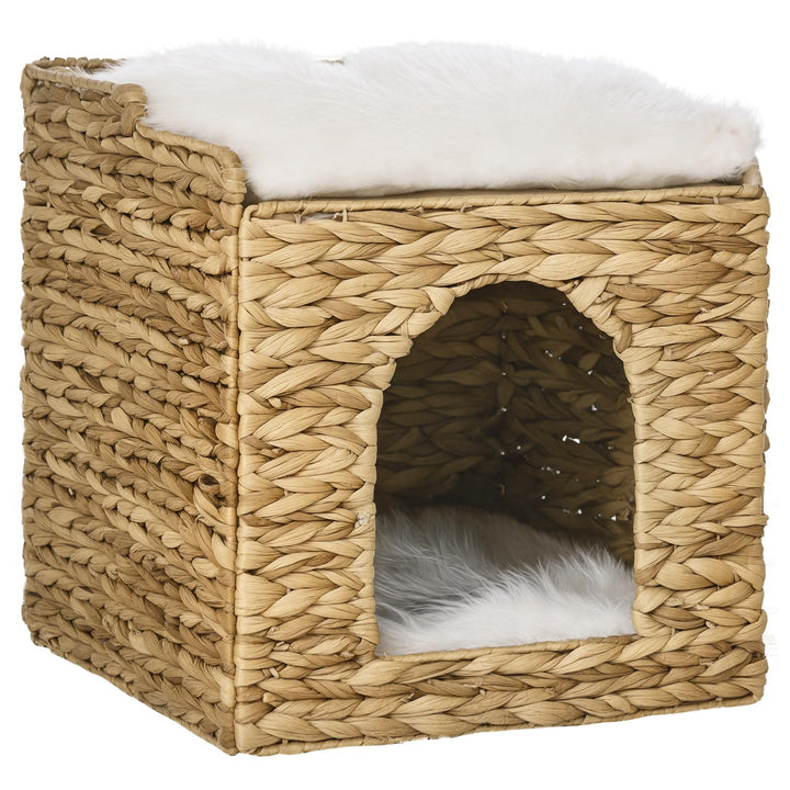 PawHut Rattan Katzenhaus, Katzenhöhle mit Kissen, Katzenbett mit 2 Ebenen, Katzenkorb, Katzenhütte f