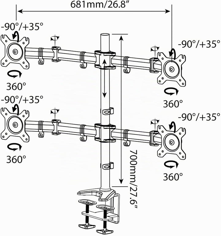 HFTEK - Monitor TV Halter Tisch-Halterung für 4 Bildschirme von 13 bis 27 Zoll – VESA 75/100 – HF49D