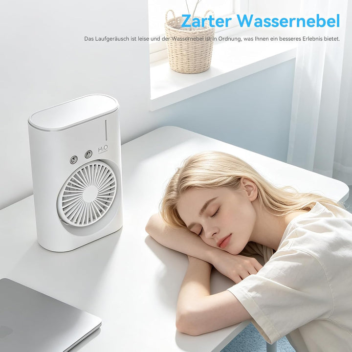 Tischventilator mit Sprühnebel, USB Aufladbarer Mini Ventilator mit 280ml Wassertank, 3 Windstufen,