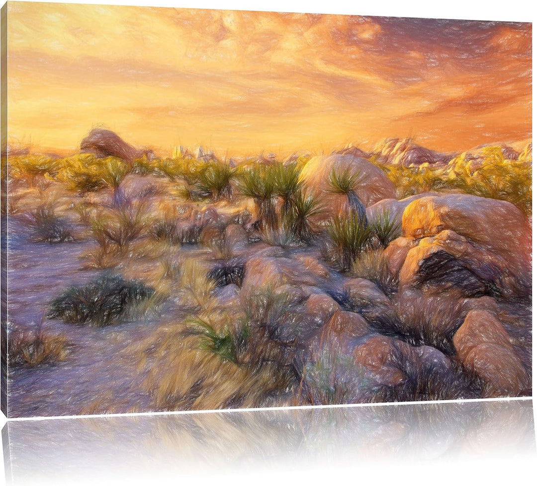 Pixxprint Joshua Wüste im Sonnenuntergang Kunst Buntstift Effekt, Format: 100x70 auf Leinwand, XXL r