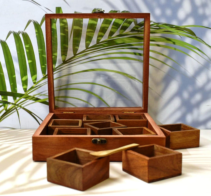 Wooden Spice Box with Glass Lid – 9-Compartment Masala Dabba Organizer with Spoon – Spice Storage Co