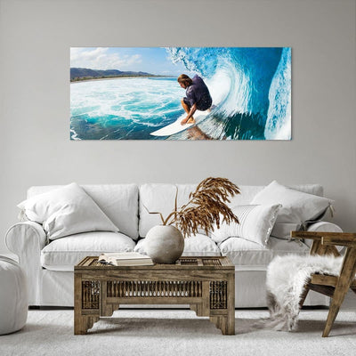 Wandbilder Dekoration Wohnzimmer Surfen Surfer Ozean Welle Panorama Bilder auf Leinwand 120x50cm Lei