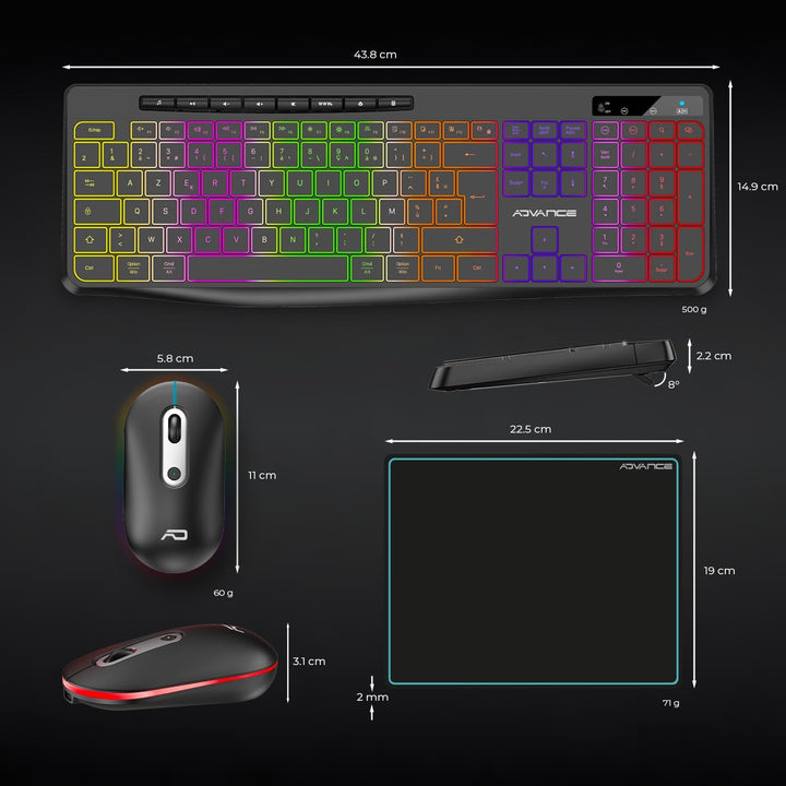 A: Beleuchtetes kabelloses Tastatur- und Maus-Set, 2,4 GHz, wiederaufladbar, RGB-Hintergrundbeleucht