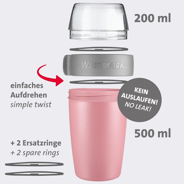 Westmark Müslibecher/Lunchpot Set – 2 auslaufsichere Fächer: 200 ml +500 ml, 2 Ersatzdichtungsringe,