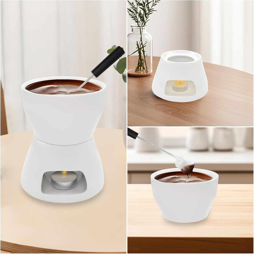 Schokofondue Tasse Set, Keramike Schokofondue mit 4 Gabeln und 1 Teelicht, Schokoladenfondue für Hau