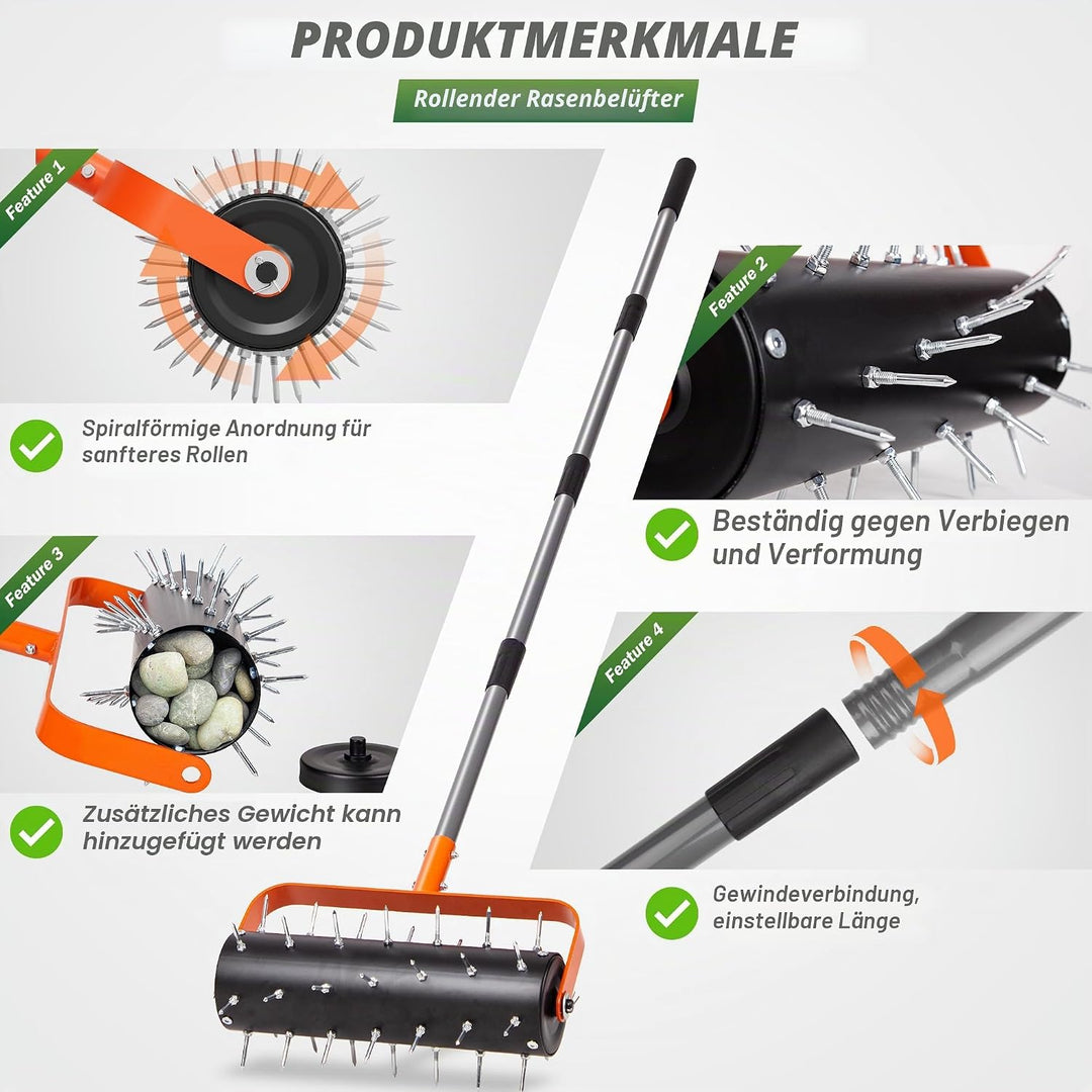 Walensee Rasenlüfter Walze, Robuster Rollender Rasenbelüfter mit 42 Stahlspikes & Verstellbarem Grif