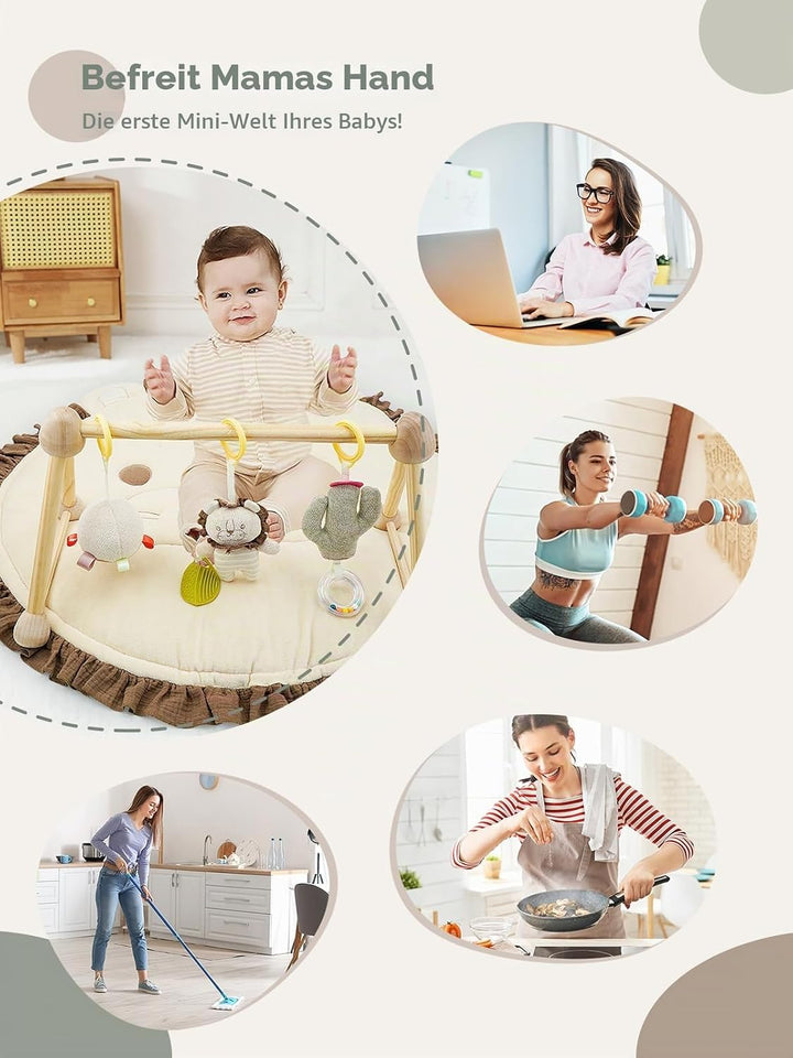 COTTONBEBE 4 IN 1 Spielbogen Baby, Spielmatte Babies mit Natur Holz Activity Spielbogen, 3 abnehmbar