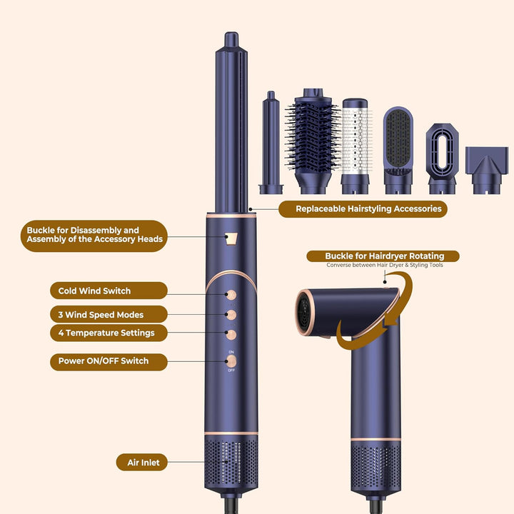 Hairstyler 7 in 1, Ionen Föhn klappbar Professioneller Airstyler, 110000 U/Min, Multifunktionaler Ha