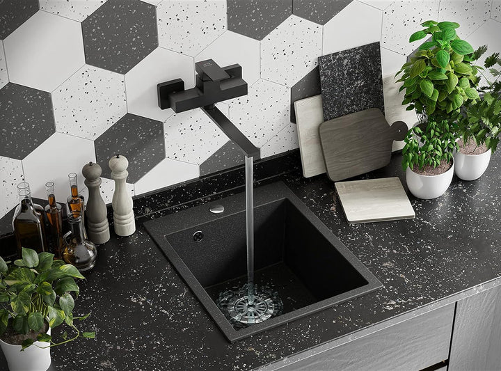 VBChome Spülbecken 48 x 39 cm Einzelbecken Schwarz Granit Rechteckig Einbauspüle Gesprenkelt Grosses