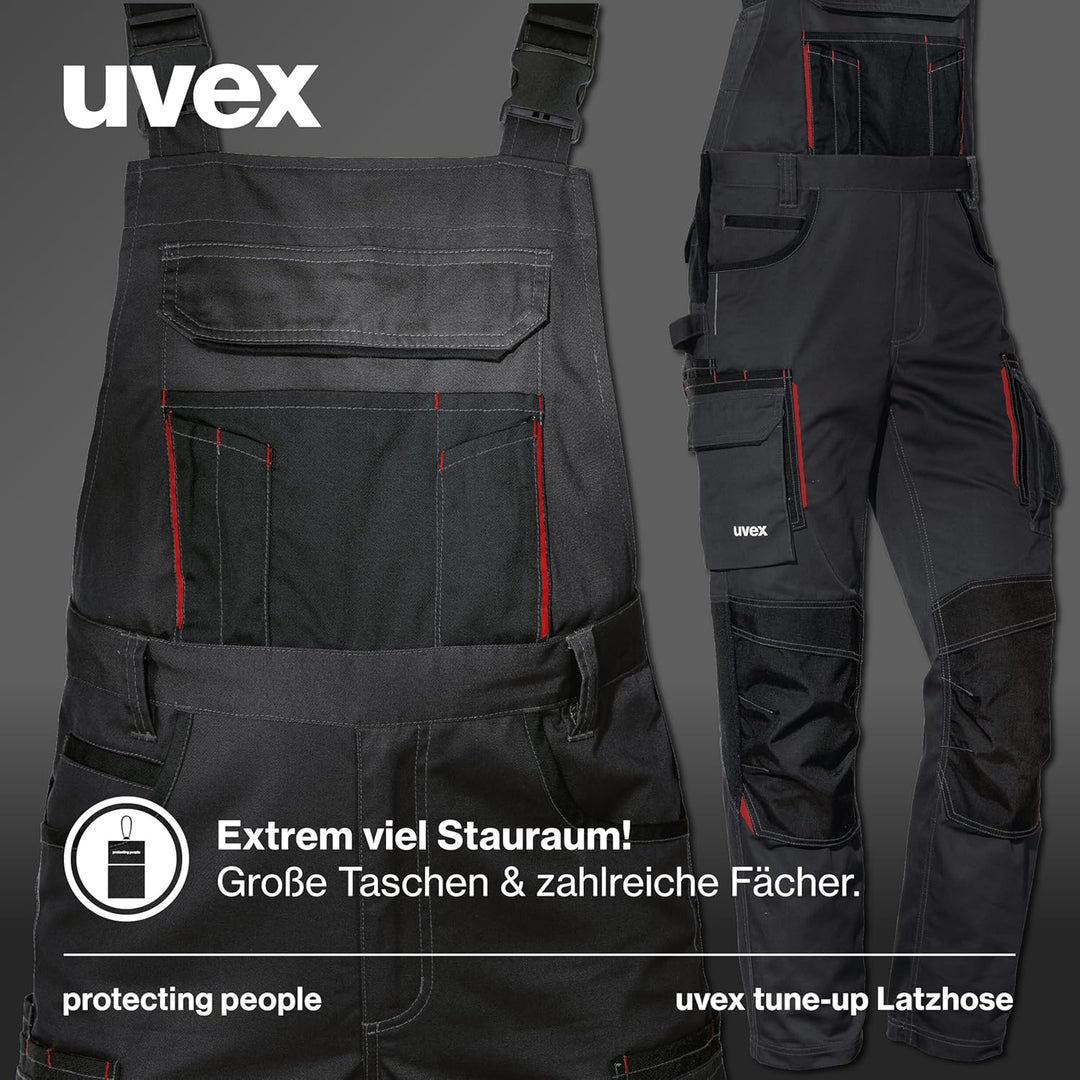 Uvex Tune-up Lange Herren-Arbeitshose - Lange Latzhose mit Knietaschen 42 Schwarz/Active red, 42 Sch