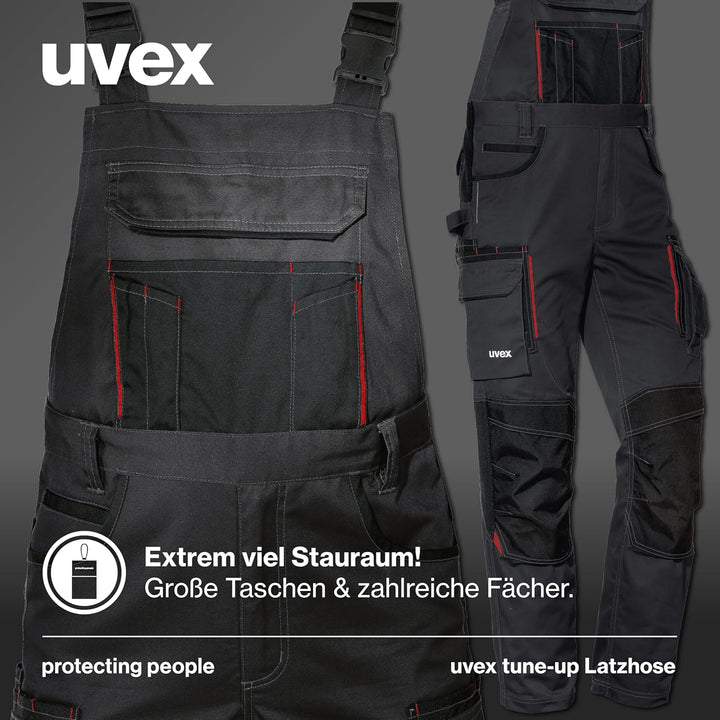 Uvex Tune-up Lange Herren-Arbeitshose - Lange Latzhose mit Knietaschen 42 Schwarz/Active red, 42 Sch