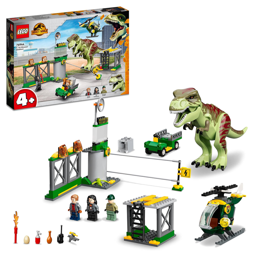 LEGO 76944 Jurassic World T. Rex Ausbruch, Dinosaurier Spielzeug ab 4 Jahre, Set mit Figur, Hubschra