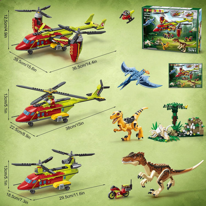 HOGOKIDS 3-in-1 Flugzeug-Bauset mit Dinosaurier, 769PCS Kipprotor-/Transporthubschrauber-/Doppelroto