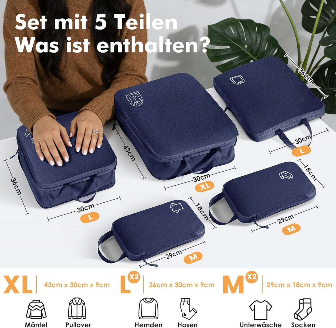Packing Cubes Compression 5 Stück, Koffer Organizer Packwürfel Travel Essentials Reise Organizer Set