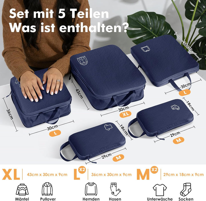 Packing Cubes Compression 5 Stück, Koffer Organizer Packwürfel Travel Essentials Reise Organizer Set