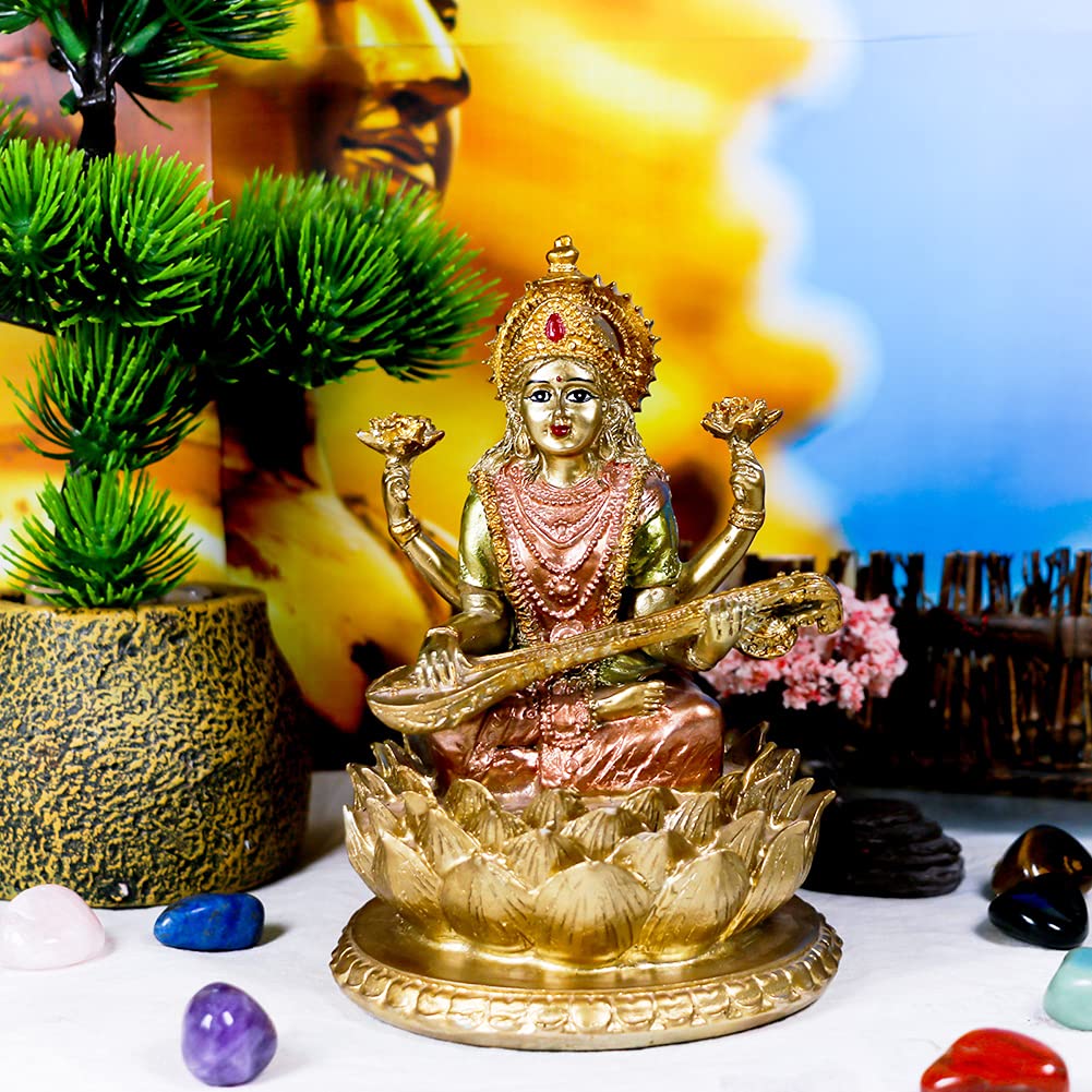 BangBangDa Hindu-Göttin Lord Saraswati Statue – Indisches Idol der Musik sitzend auf Lotus-Skulptur
