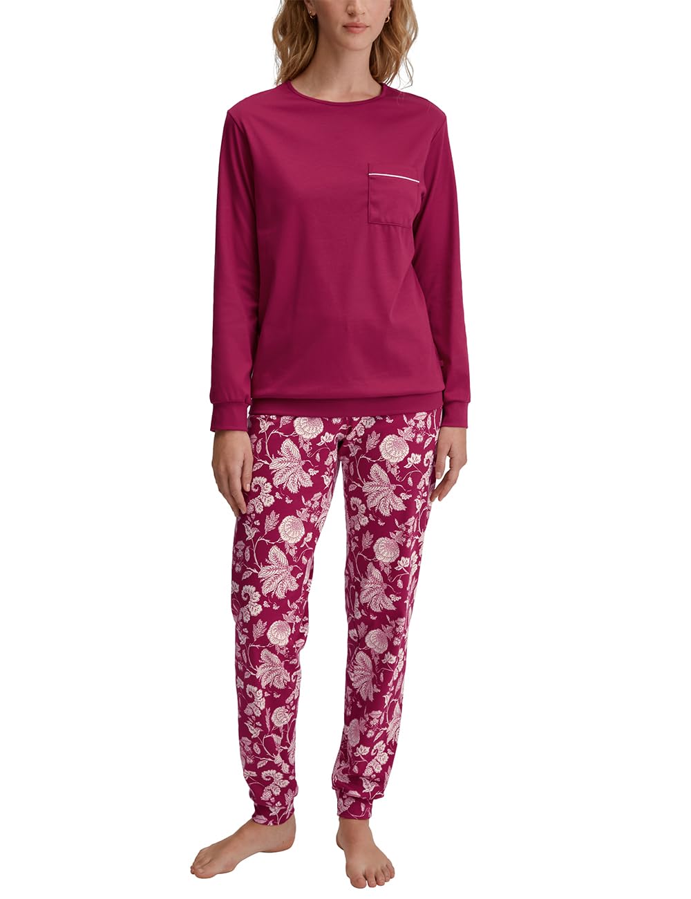 CALIDA Sweet Dreams Bündchen-Pyjama Damen, aus 100% Baumwolle, Hose mit stoffbezogenem Gummibund 36-