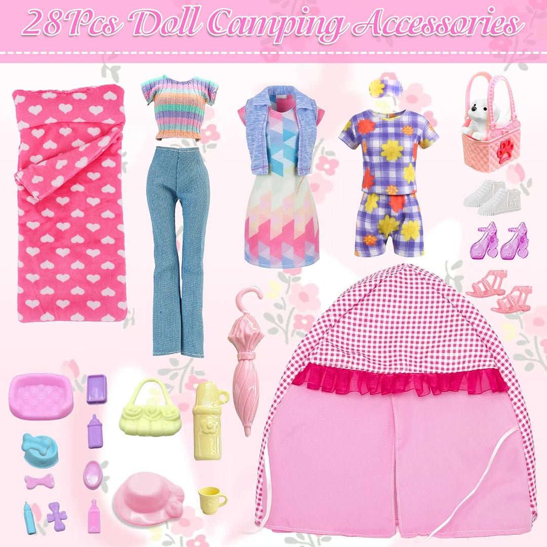 28 Stück PuppenKleidung Camping Sets Kompatibel mit Barbie, 11.5 Inch Puppe Zubehör 1 Puppenzelt 1 P