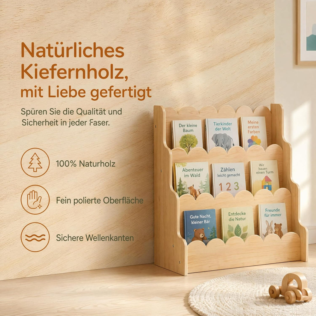 Kinderbuchregal aus Holz mit Wellenkanten, Frontal-Bücherregal mit 5 Ebenen | Stabiler Kinder-Buchst