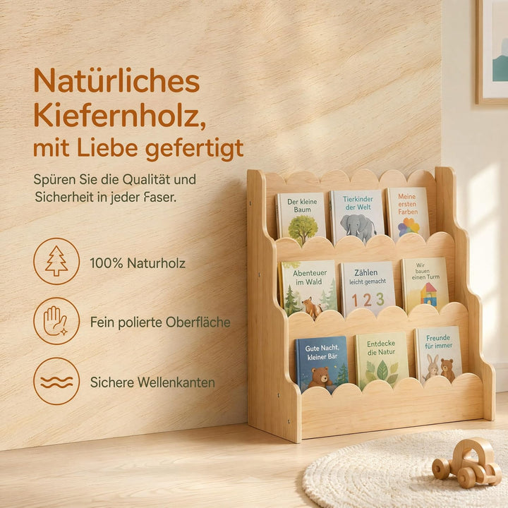 Kinderbuchregal aus Holz mit Wellenkanten, Frontal-Bücherregal mit 5 Ebenen | Stabiler Kinder-Buchst
