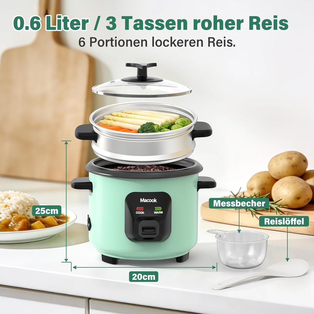 0.6 L Mini-Reiskocher 3-Tassen ungekocht, Macook Tragbarer Antihaft-Reis-Kocher, mit Aluminium-Dampf