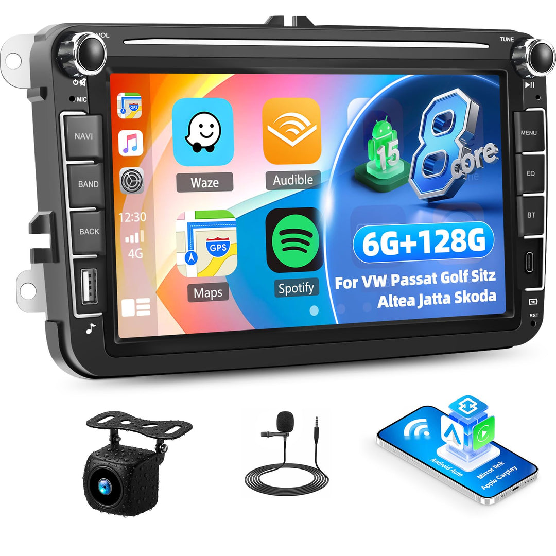 8 Core 6 + 128G Android 15 Auto Radio für VW Passat Golf Sitz Altea Jatta Skoda, 8 "IPS 2.5D -Auto -