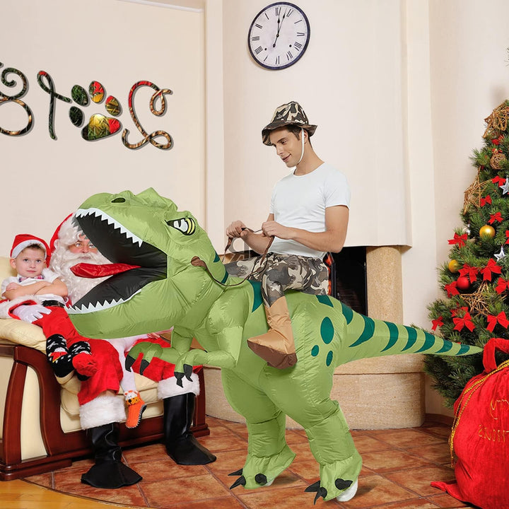 Dinosaurier-Kostüm, aufblasbar, Dino zu Pferd auf einem aufblasbaren Dinosaurier-Spielzeug, für Part