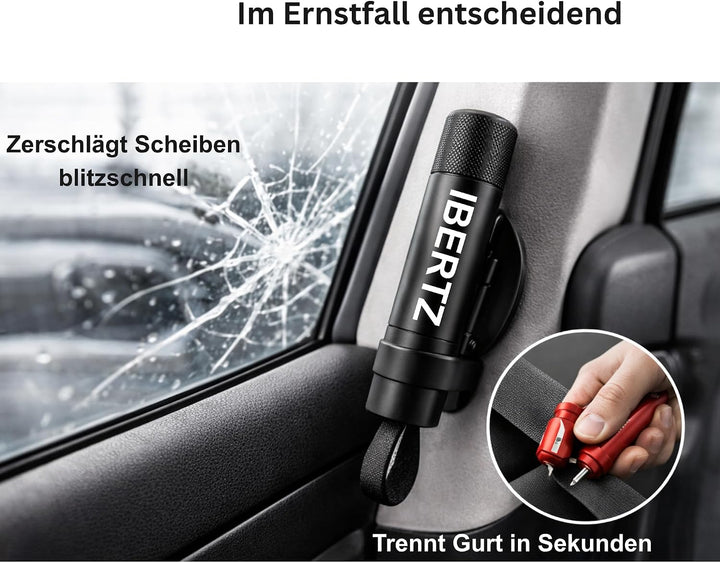 Notfallhammer Auto 2er Set mit Halterung & Testglas – Scheibenhammer mit Gurtschneider – KFZ Nothamm