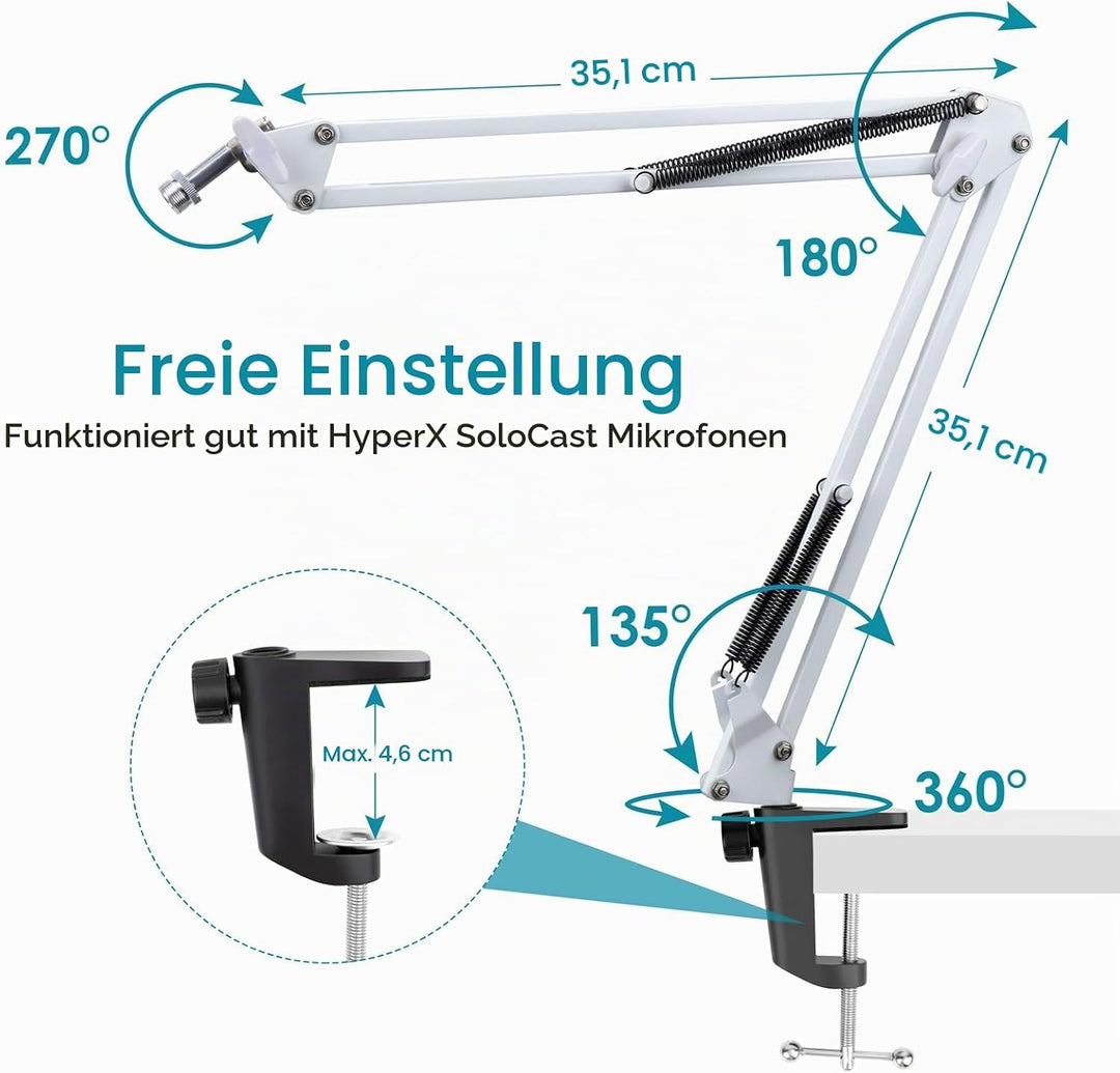 HyperX SoloCast Mikrofon Arm Weiss - Professioneller Studio Desktop Ständer Mikrofonarm mit Schaumst
