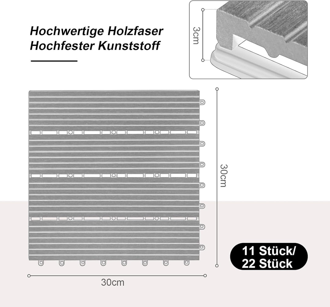 Laneetal WPC Fliesen 11er Set für 1 m², für Aussen Terrasse Balkon, Terrassenfliesen Klicksystem 30x