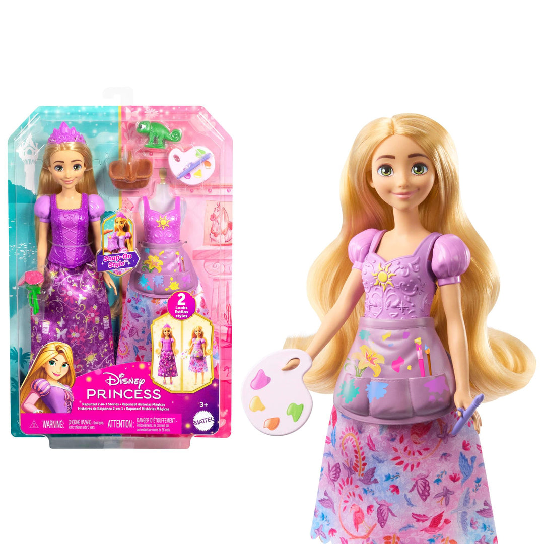 Mattel Disney-Princess-Spielzeuge, Rapunzel-Modepuppe mit 2 Looks, 9 Accessoires, 2 Oberteilen zum A