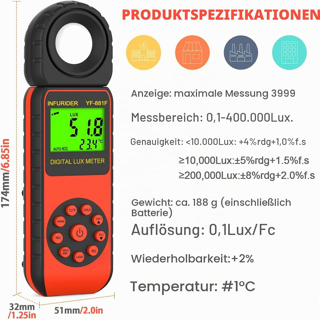 Digital Luxmeter Belichtungsmesser,INFURIDER YF-881F Lichtmessgerät mit 0,01-400.000 Lux,Illuminance