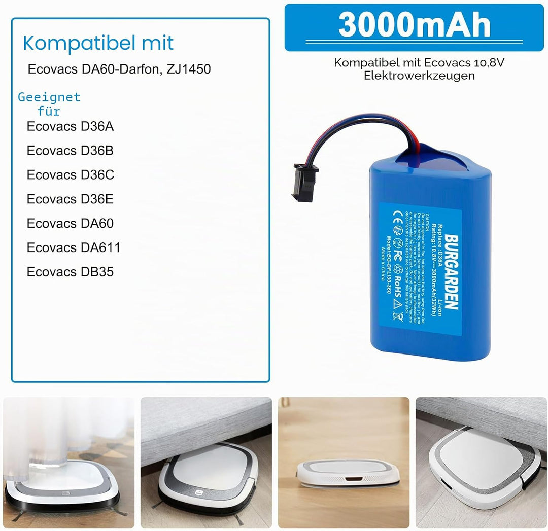 BURGARDEN 10.8V 3000mAh Li-ion Ersatzakku für Ecovacs D36A D36B D36C D36E DA60 DA611 DB35 Deebot Sli